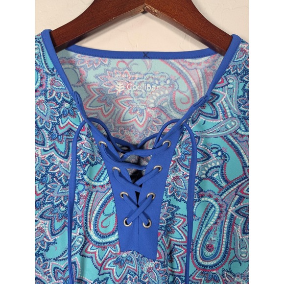 Coolibar Rash Guard Shirt Womens Small Blue Paisley Lace Up UPF 50+ Swim Top - Picture 3 of 11